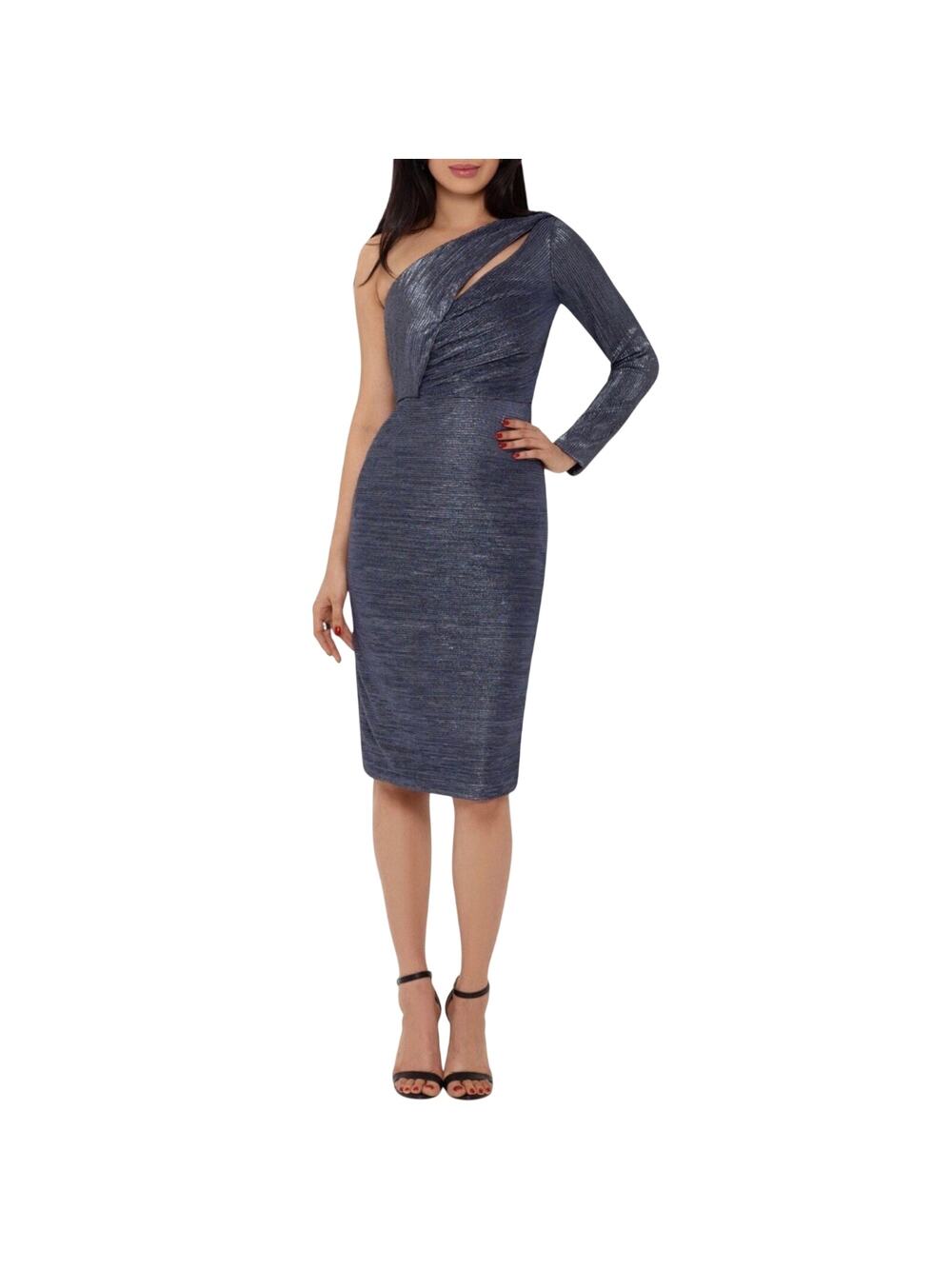 Betsy & Adam Blue Cocktail Party Dress Metallic One Shoulder Midi Sheath Size 6